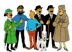 Professor Calculus, Captain Haddock, TinTin, Thomson & Thompson, Bianca Castafiore, and Snowy from Herge's The Adventures of TinTin